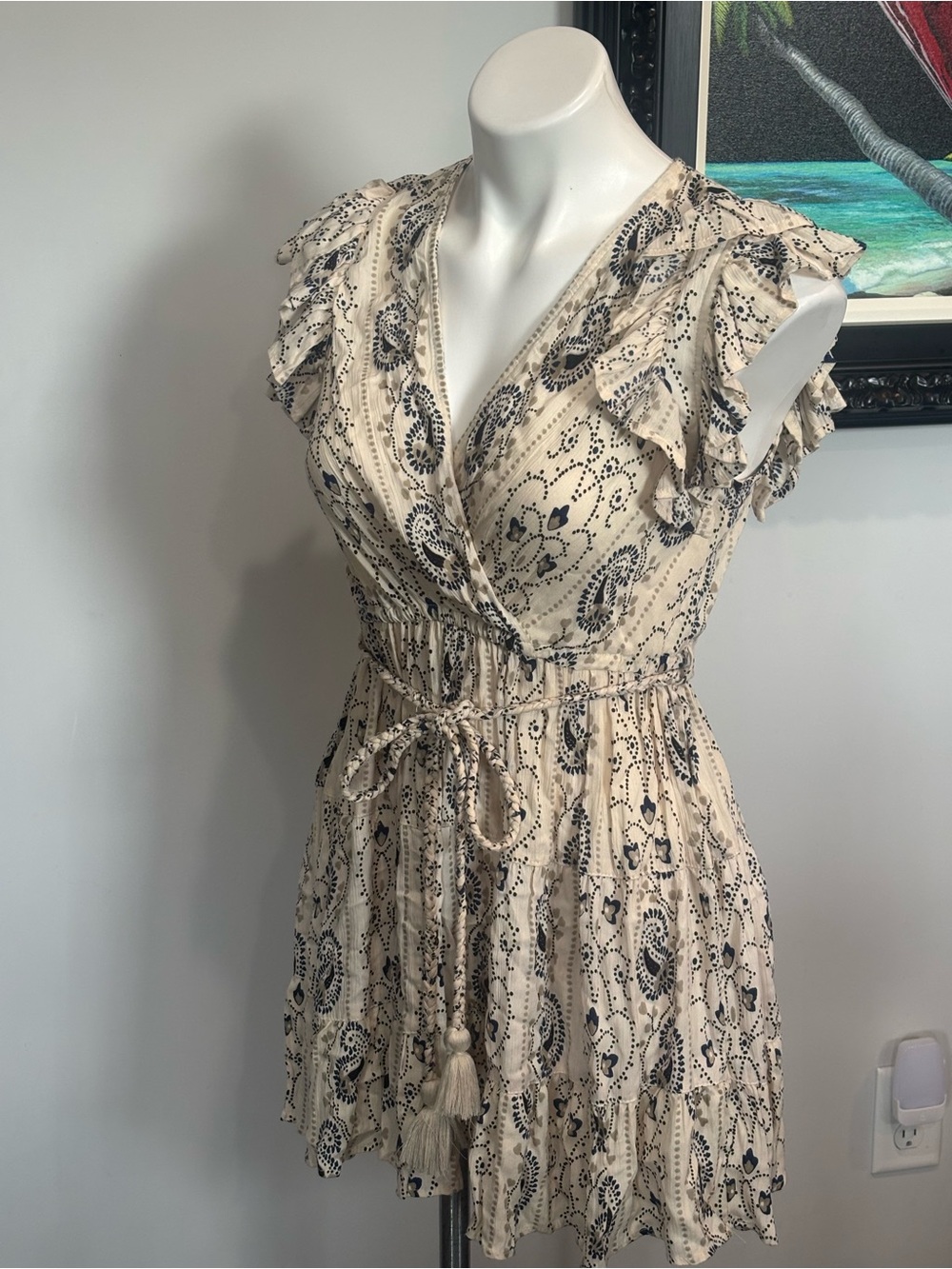Blue Rain x Francesca’s Beige Mini Dress with Navy Floral Accents